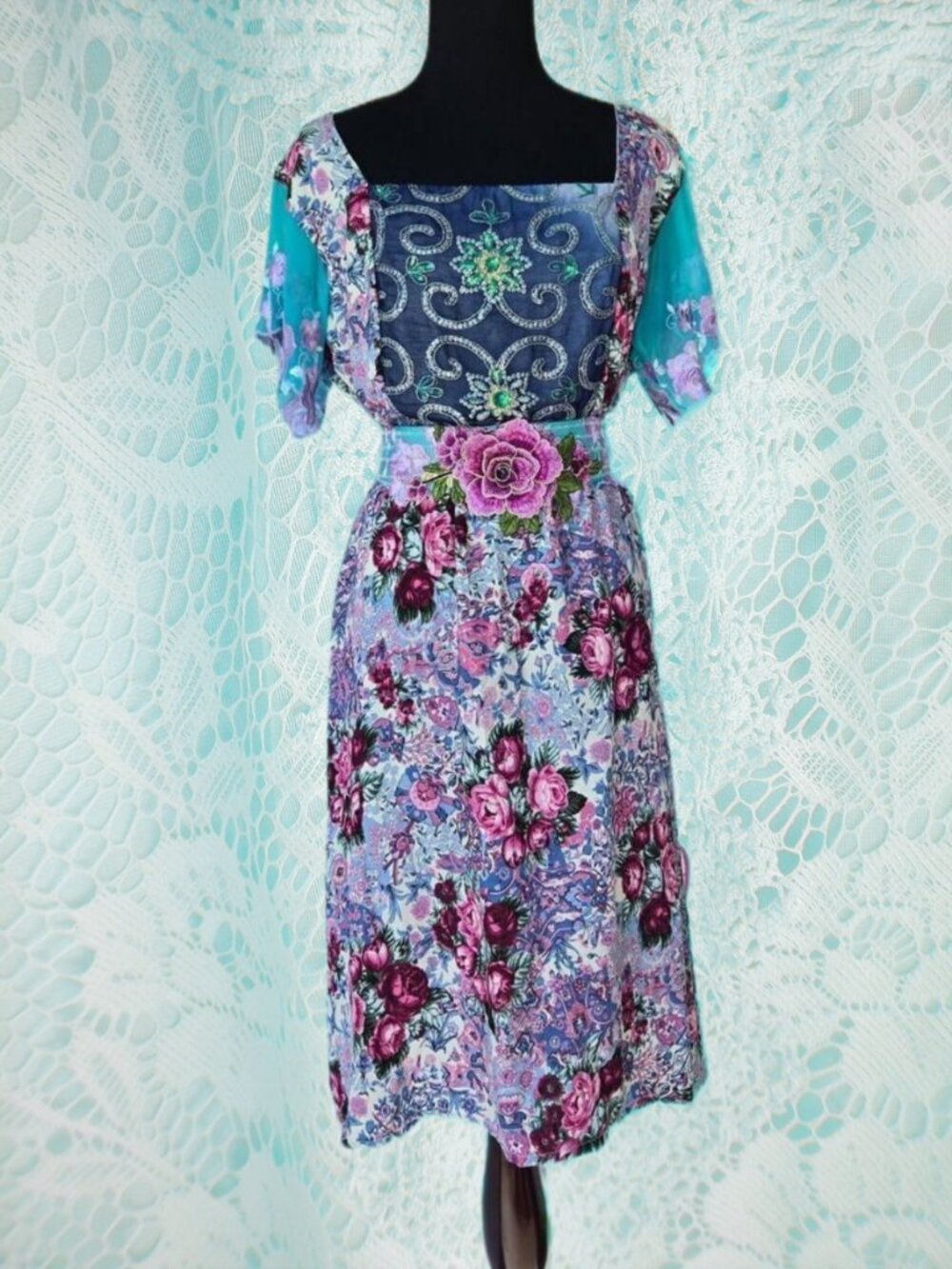One-of-a-Kind Vintage Gypsy Rose Midi Dress - Beaded Bodice & Obi-Inspired Belt